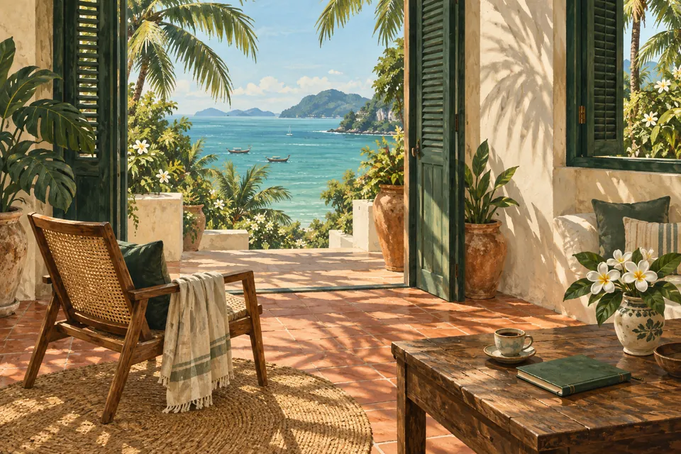 Editorial illustration of a sunlit coastal veranda