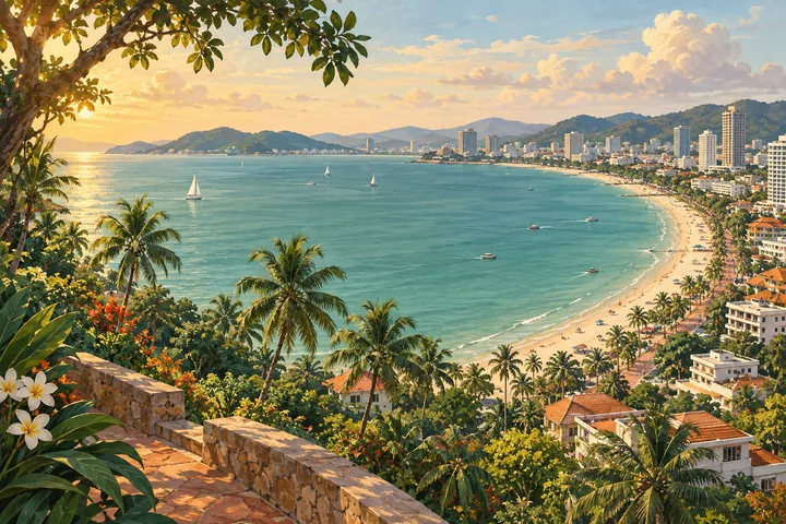 An editorial illustration of a palm-lined Thai bay