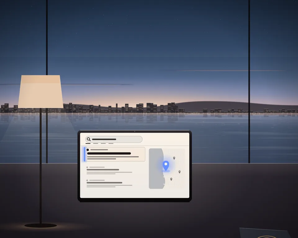 Illustration: a laptop with a generic search map and a travel document