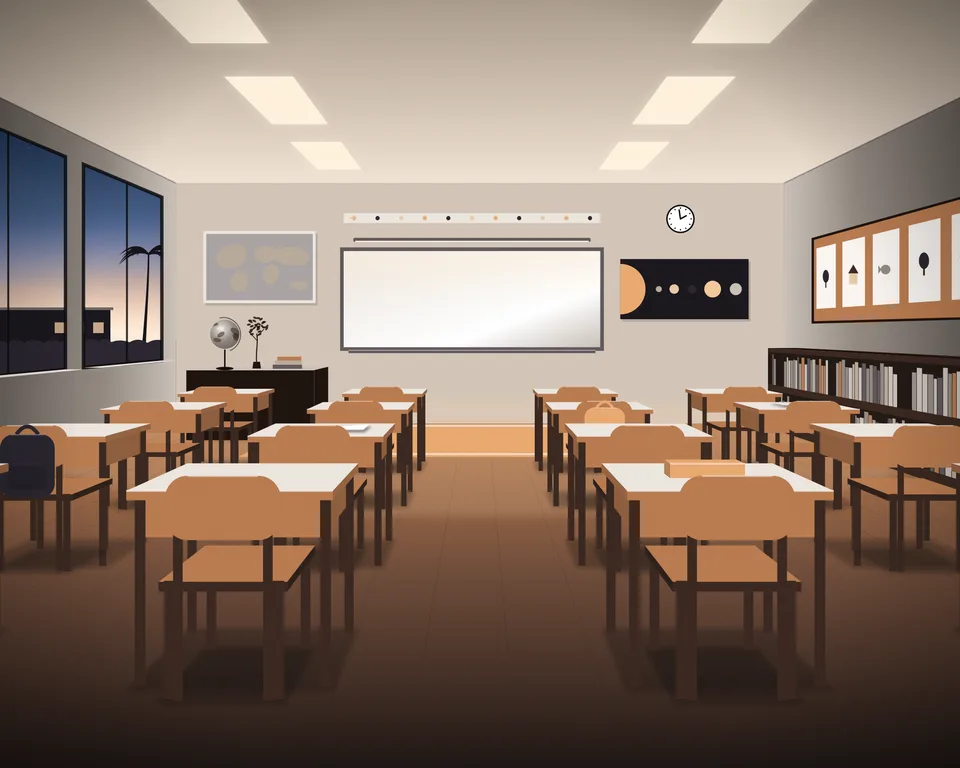 Illustration: an empty classroom at blue hour