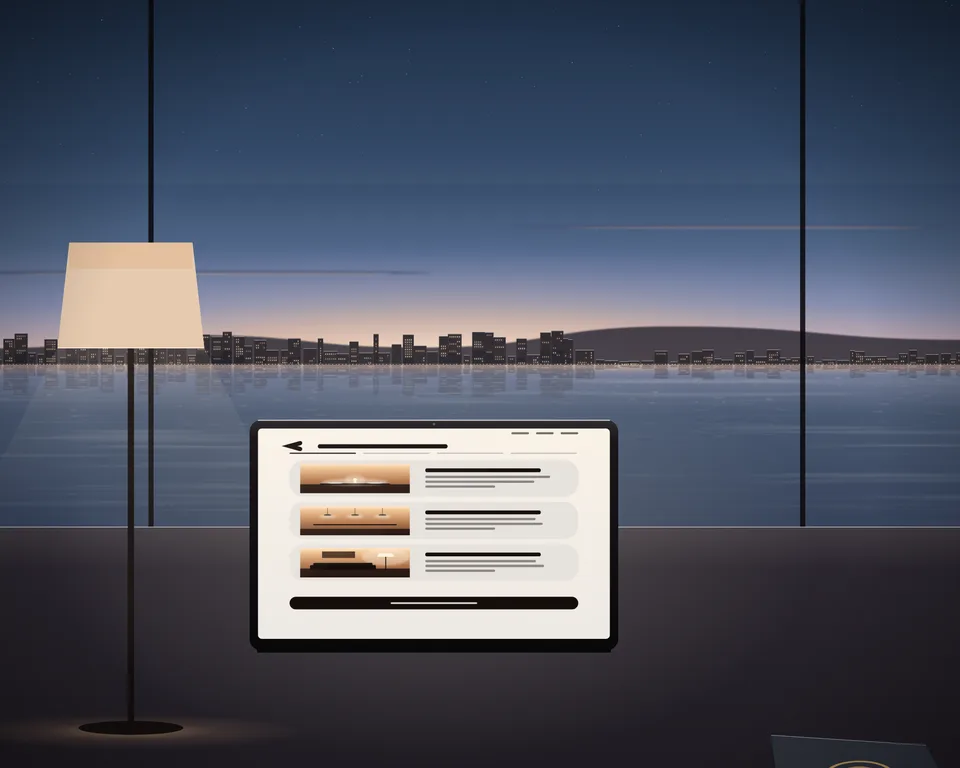 Illustration: a laptop with an abstract application screen and a closed travel document