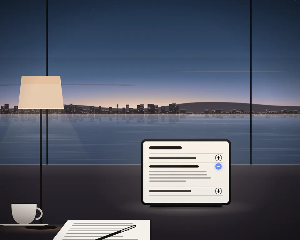Illustration: a tablet, paper and a cup on a desk