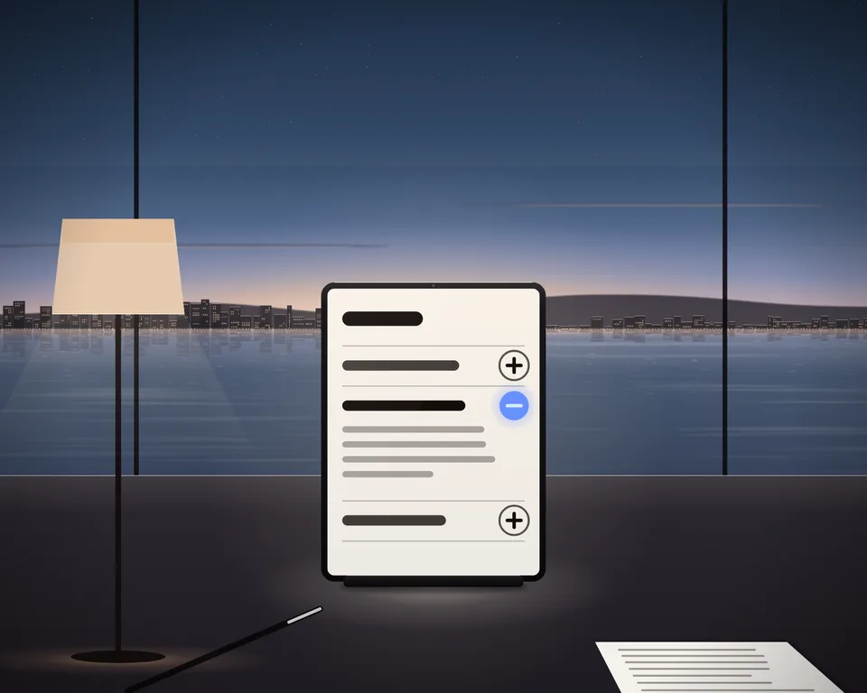 Illustrasjon: en tablett, regneark og penn på et skrivebord over en blå-timers bukt