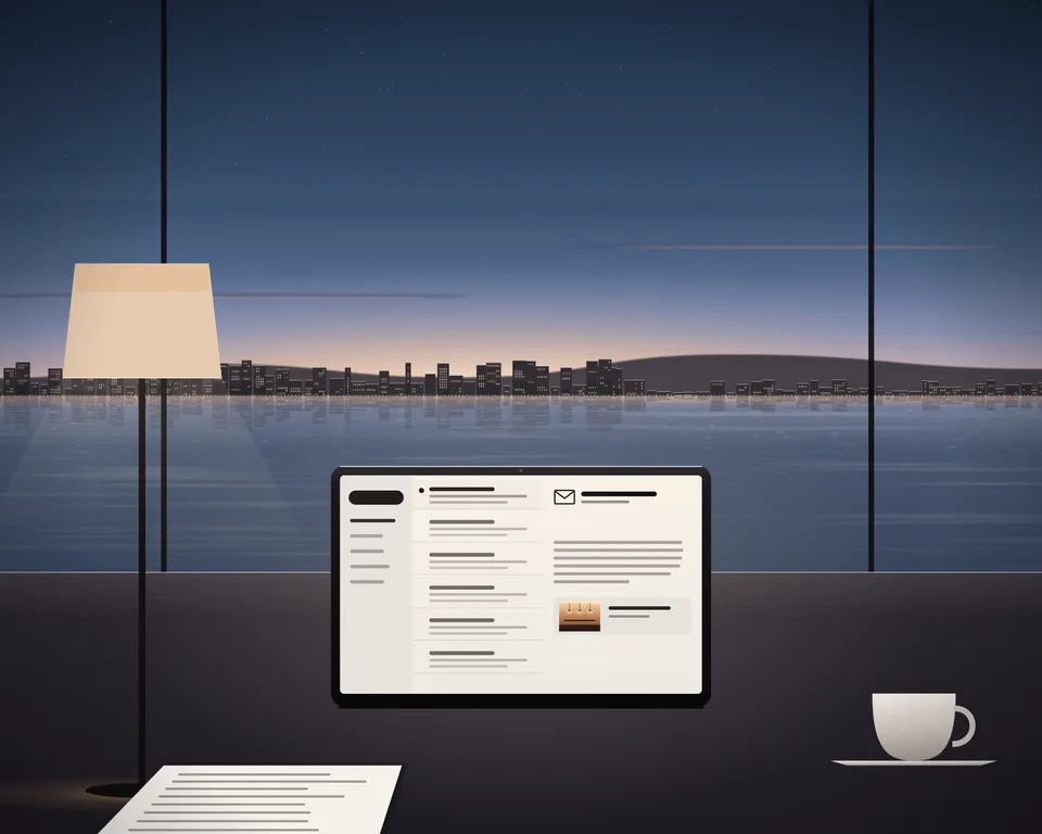 Illustration: a laptop, paper and cup on a desk above a blue-hour bay