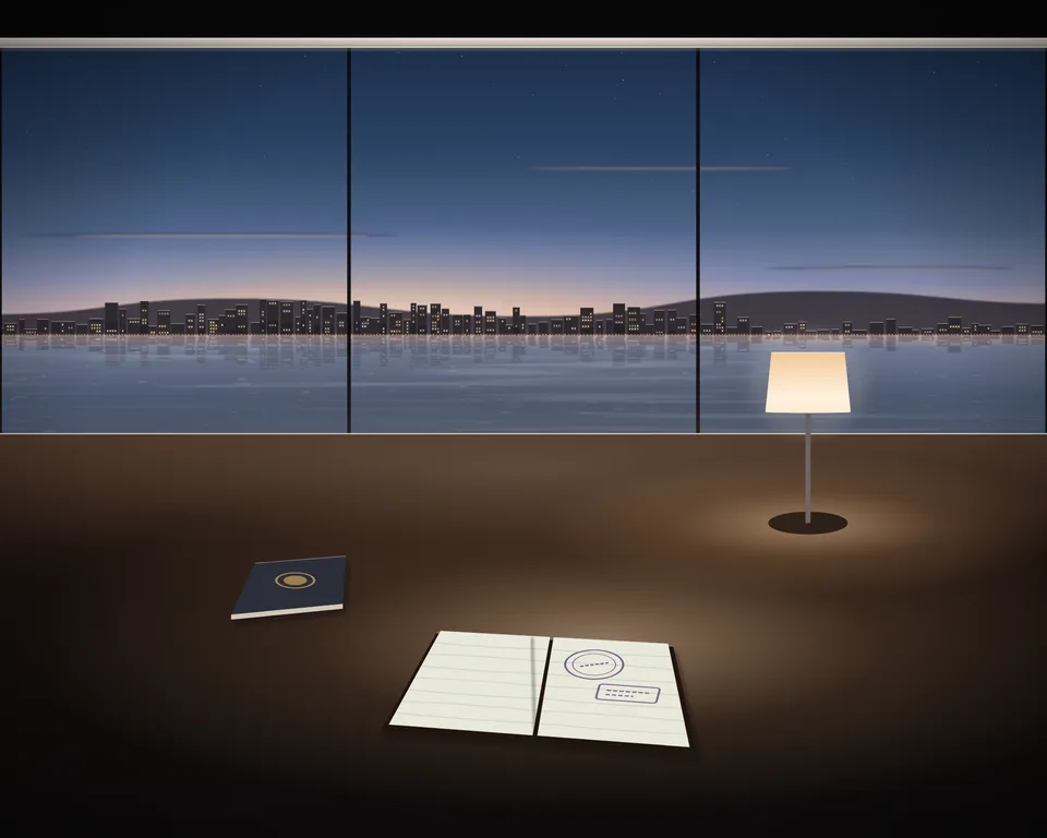 Illustration: an open passport on a lamp-lit desk by a bay at blue hour
