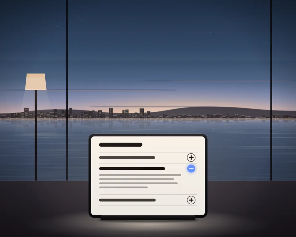 Illustration: a tablet with abstract questions beside a floor lamp