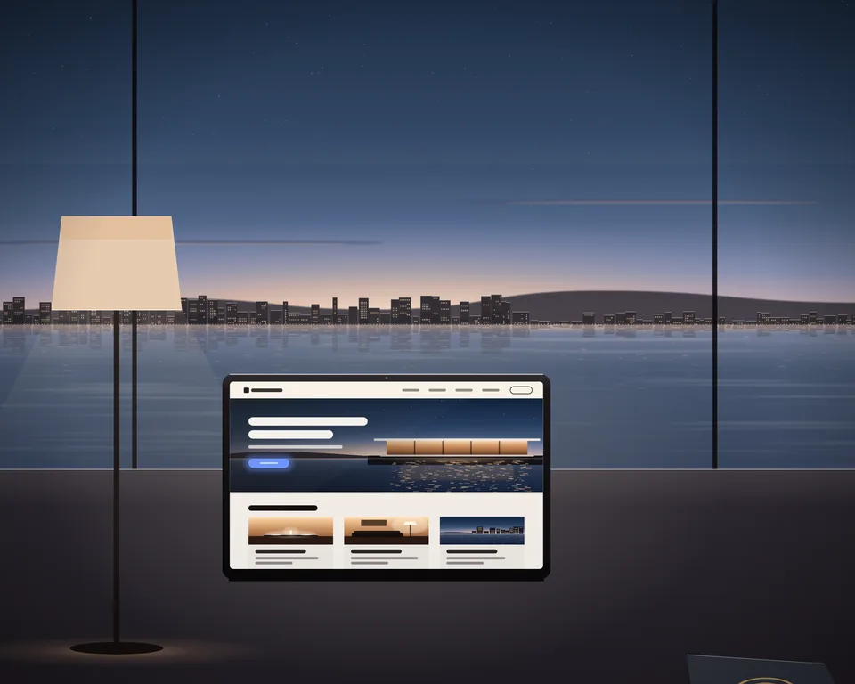 Illustration: a laptop and closed travel document on a desk at blue hour
