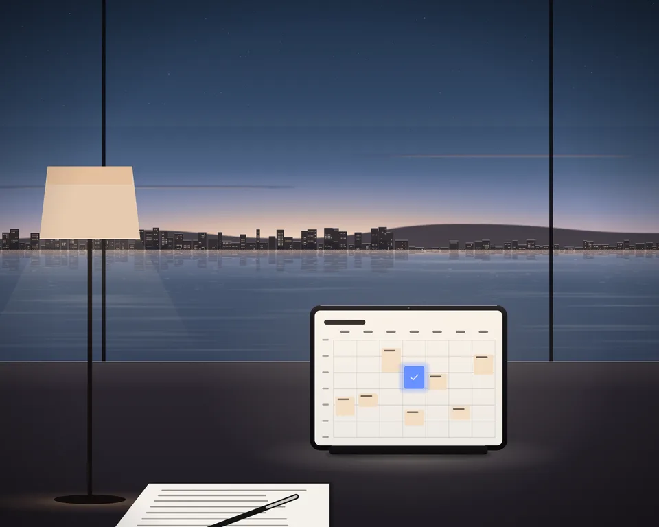 Illustration: a tablet calendar and a paper record on a desk