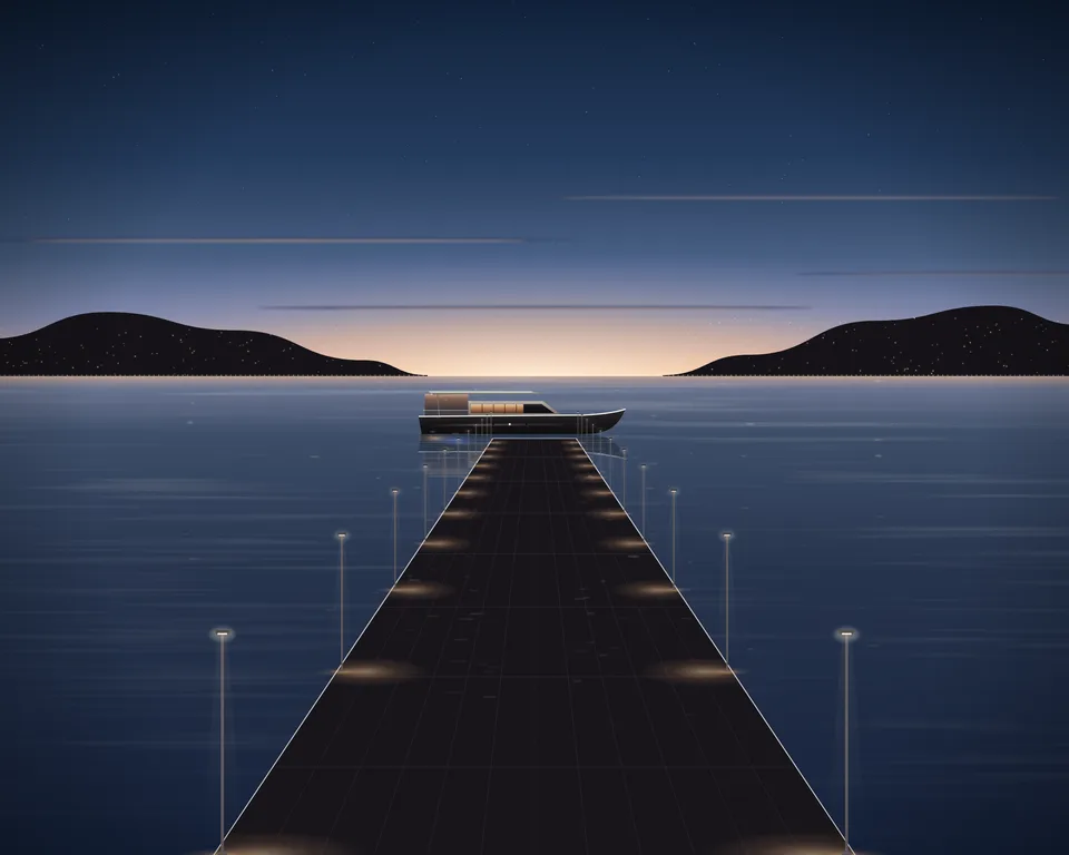 Illustration: an empty lit pier at blue hour